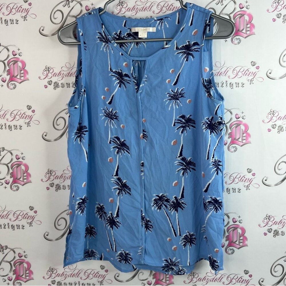 C & E tank top palm trees Tropical Blue Sleeveless Blouse Palm Print navy white